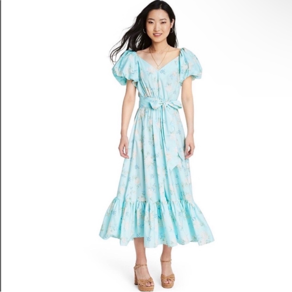 LoveShackFancy Light Blue Floral Maxi Dress with Puff Sleeves